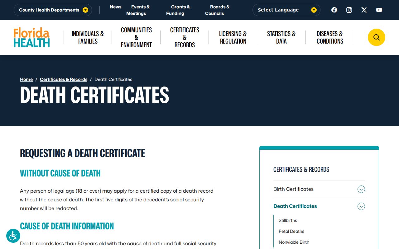 Royal Palm Beach previous residents death certificate access